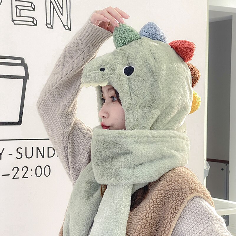 2021 women fashion Cute Cartoon dinosaur HatImitation mink Cap girl Winter Warmth Thickened with Scarf gloves 1