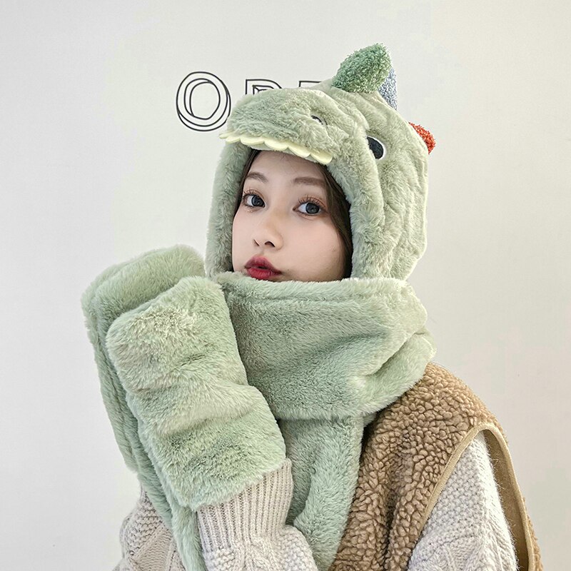 2021 women fashion Cute Cartoon dinosaur HatImitation mink Cap girl Winter Warmth Thickened with Scarf gloves