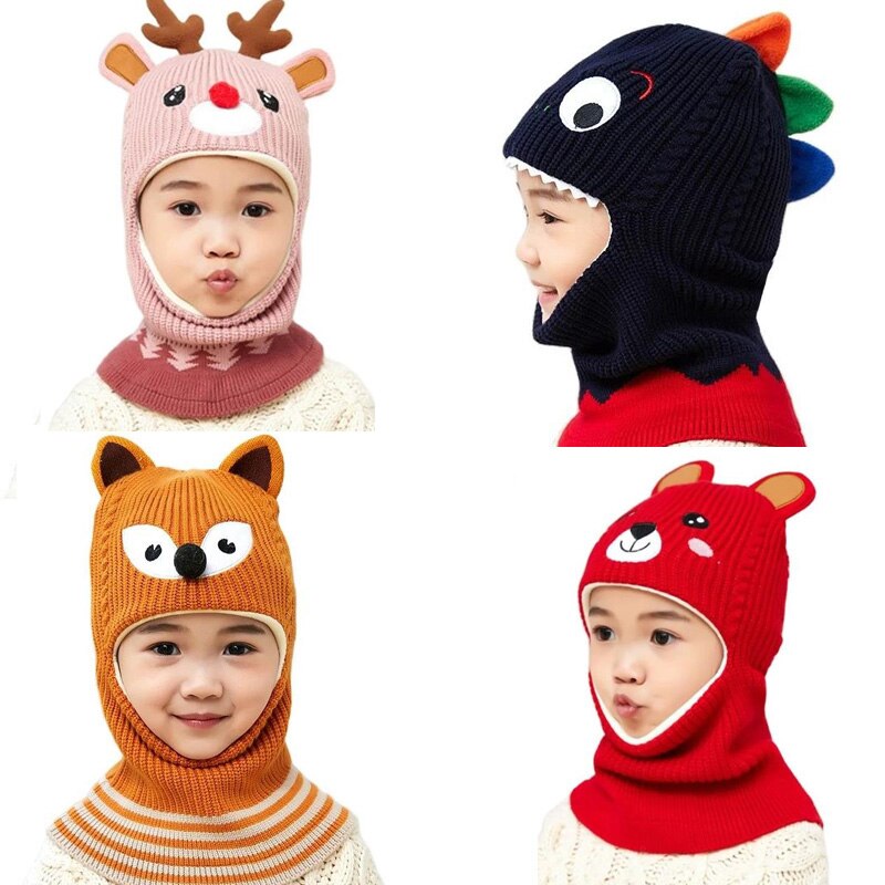 Doitbest Boy Girl Beanie Protect neck Dinosaur Fox Bear Windproof Winter Knit Hat Child Girls Earflap
